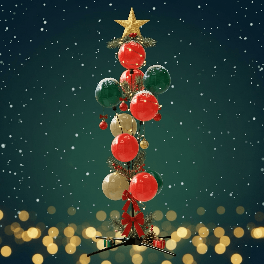 Balloon fountain with red, green and cream balls on separate arms, a gold star at the top and a red bow at the base