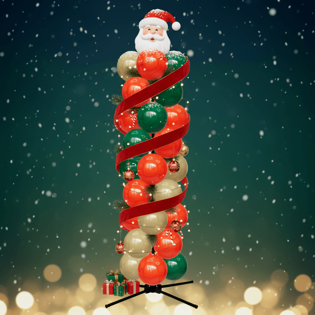 Balloon column in red, green and gold with a red ribbon, fairy lights and a Father Christmas topper