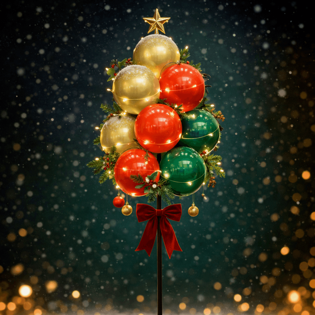Balloon cluster shaped like a little Christmas tree with gold, red and green balls, fairy lights and a gold star on top