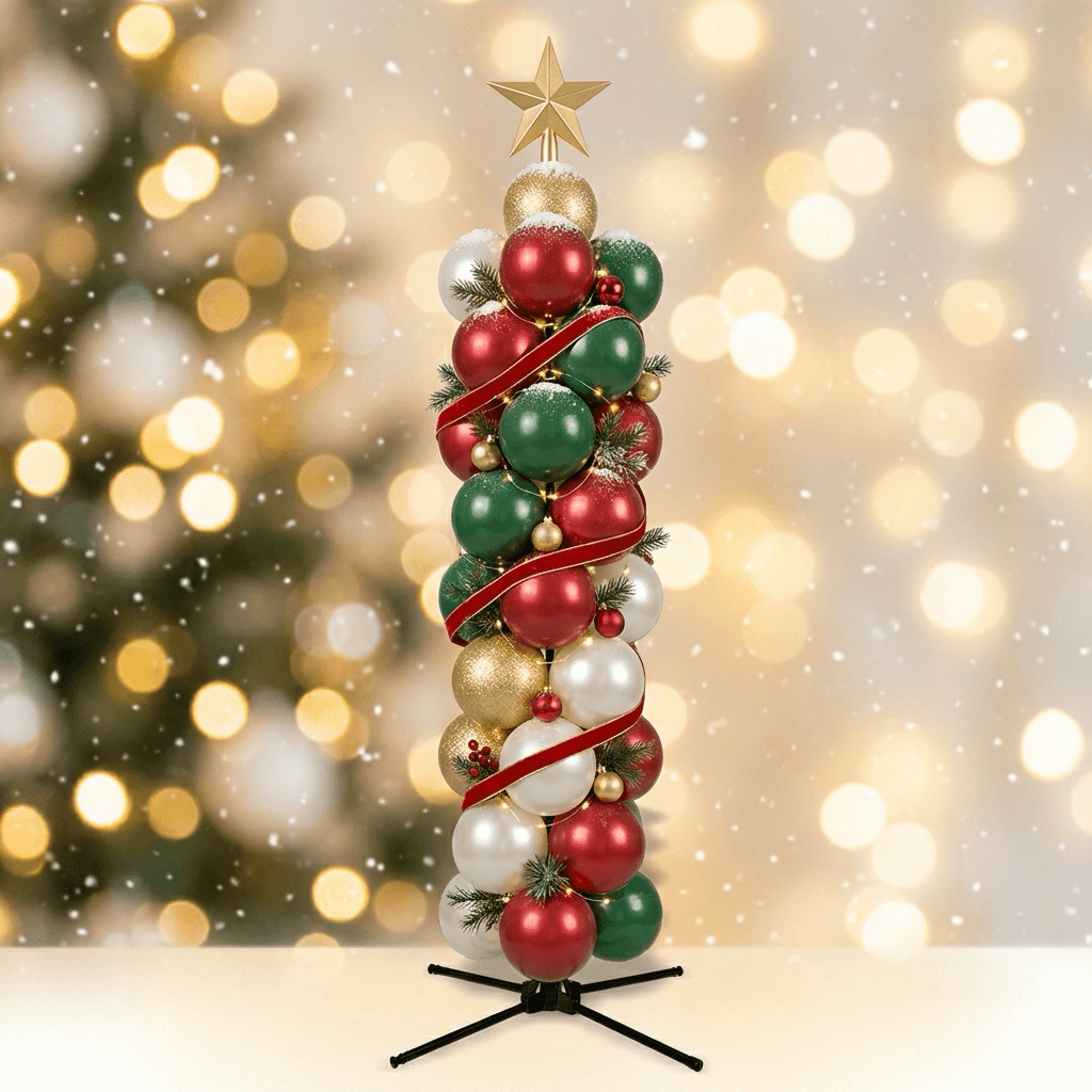 Balloon column in red, green, white and gold with a red ribbon, fairy lights and a gold star on top, on an X-foot